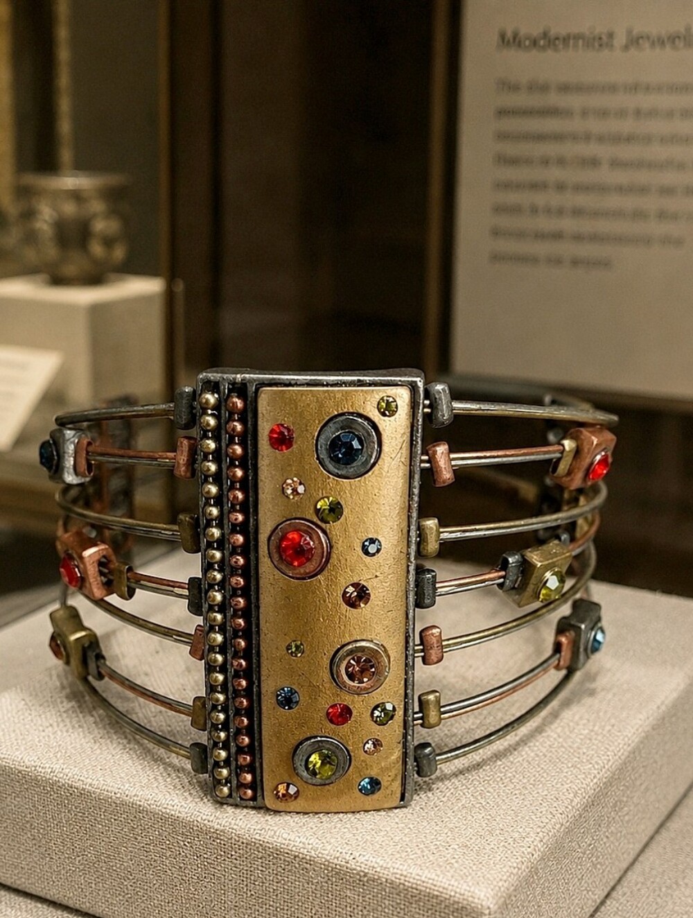 Vintage Mixed Metal Brass Tone Bezel Set Gemstones Rhinestones Cuff Bracelet